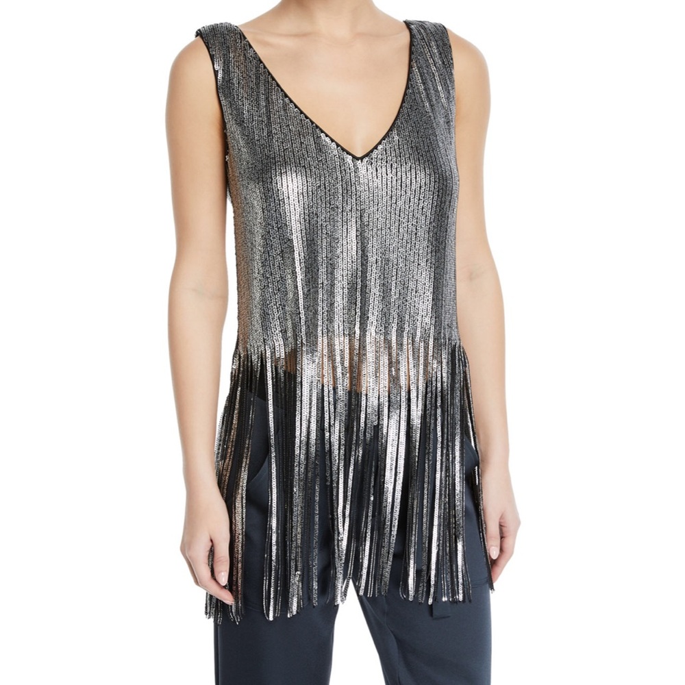 NEW! Nanette Lepore "Psychedelic" metallic sequin top with fringe hem